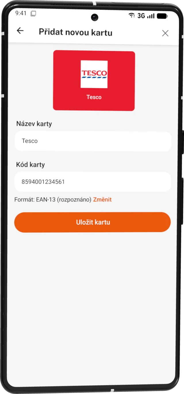 Přidání karty Tesco s náhledem a rozpoznaným formátem kódu na Androidu