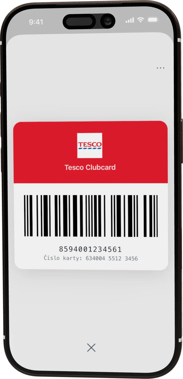 Karta Tesco s čárovým kódem a číslem karty na iPhonu